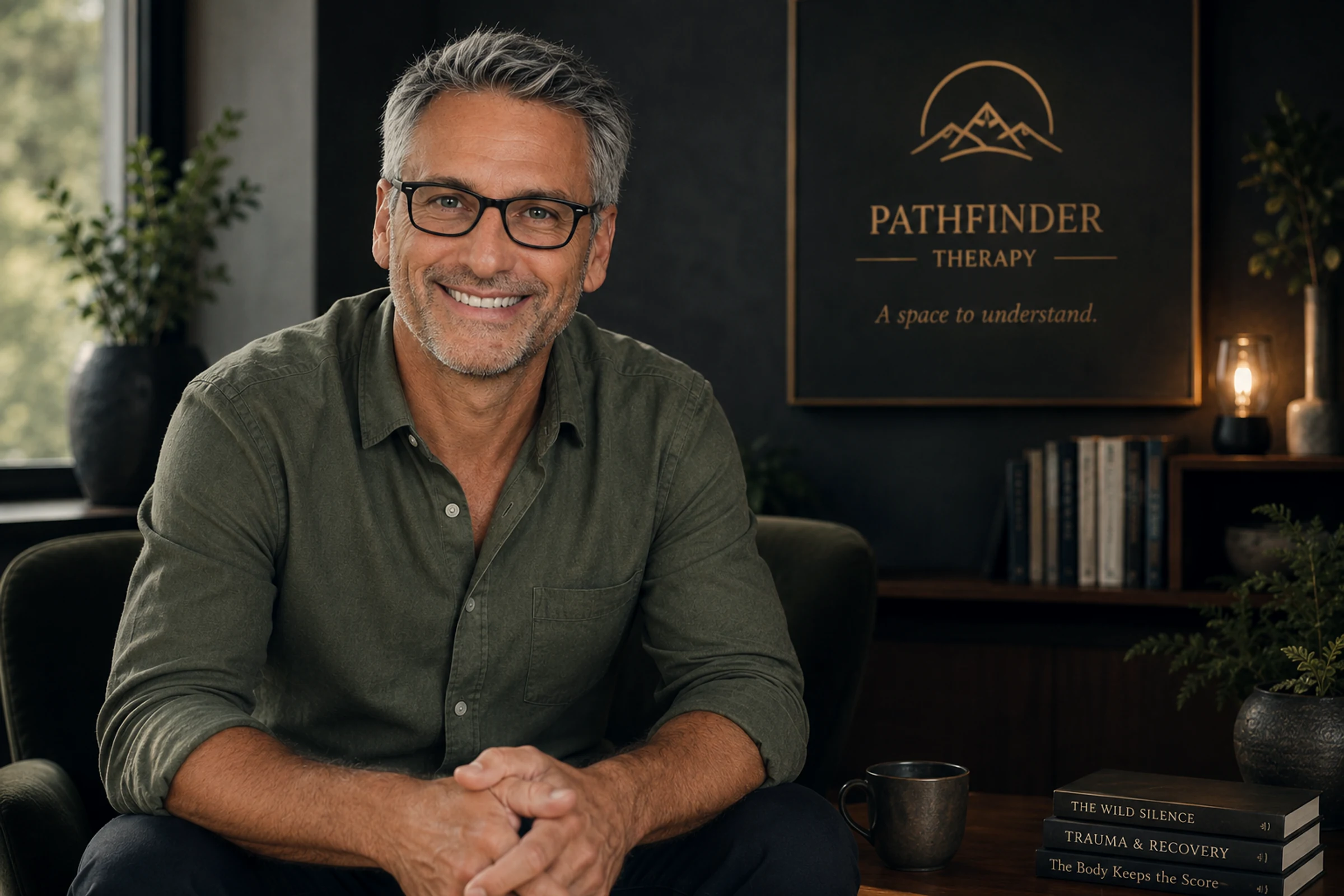 Editorial portrait of Brent in the Pathfinder Therapy office